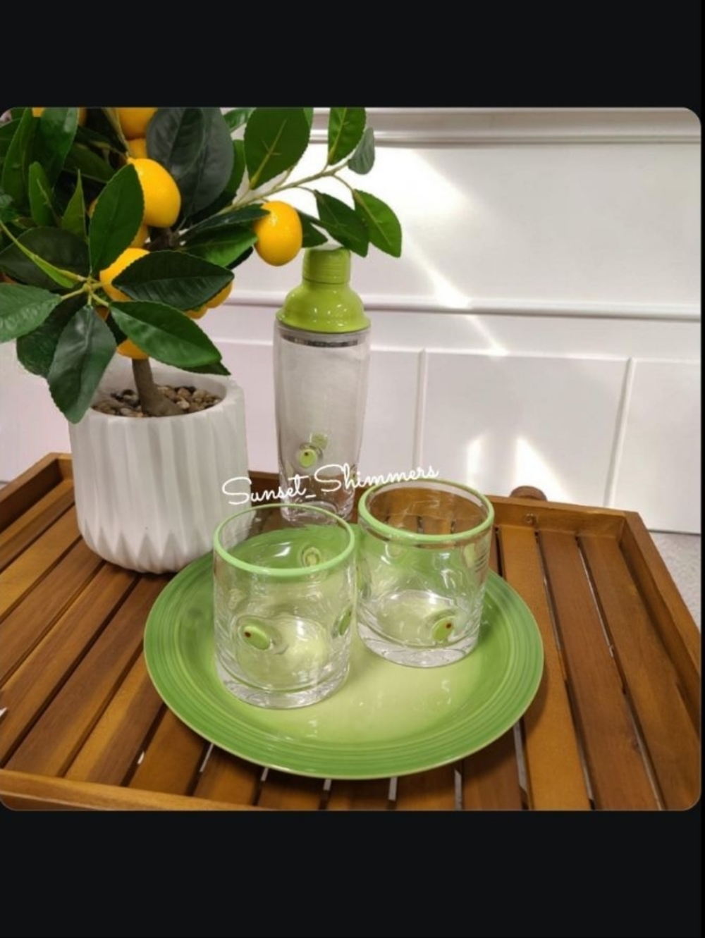 3pc Anthropologie Style Green Olive Lampwork Old Fashioned Icon Glasses & Shaker